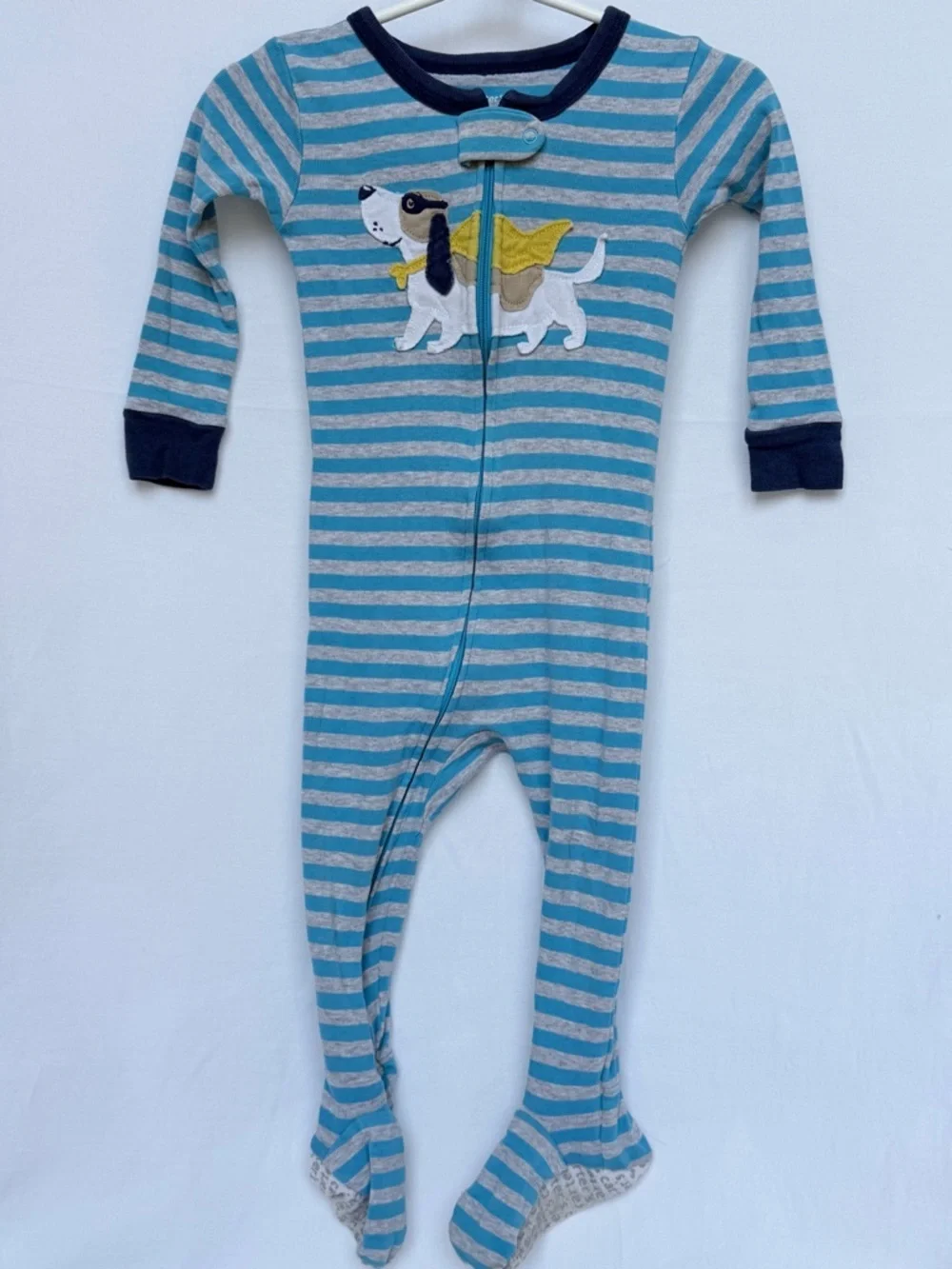 6-9 MTH Carter's Blue & Gray Striped Footed One-Piece with Puppy Applique